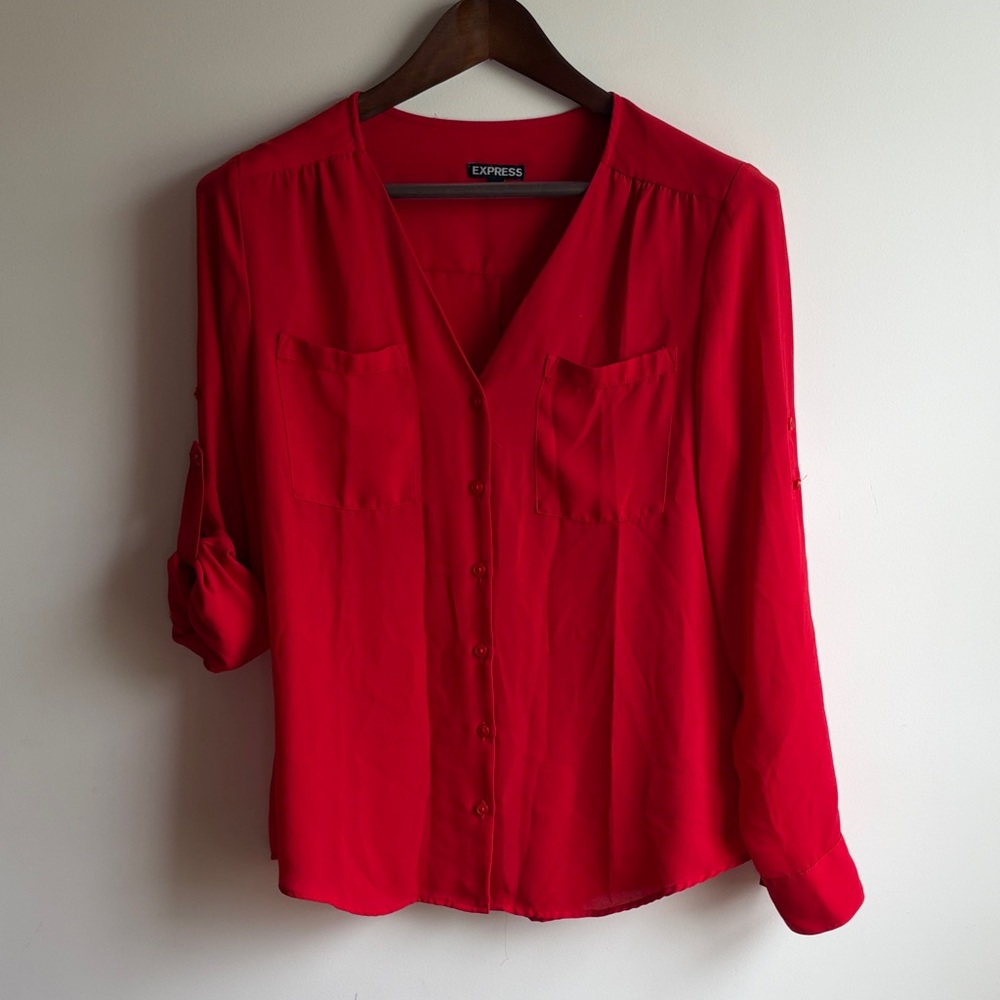 Express Bright Red Button-Down Blouse with Chest Pockets